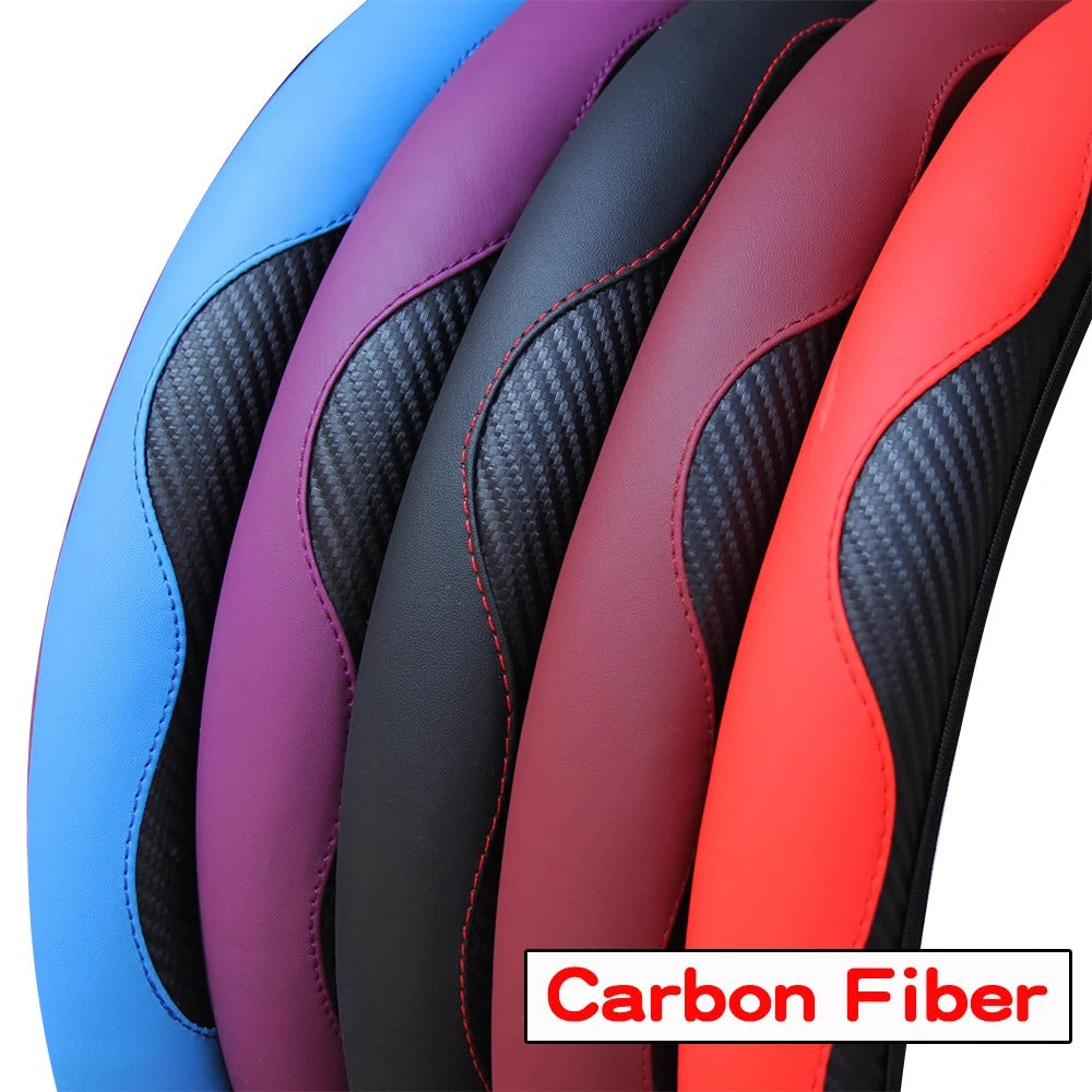 PU Carbon Fiber Steering Wheel Cover – Fits 14.5 to 15 Inch Wheels - Delicate Leather  