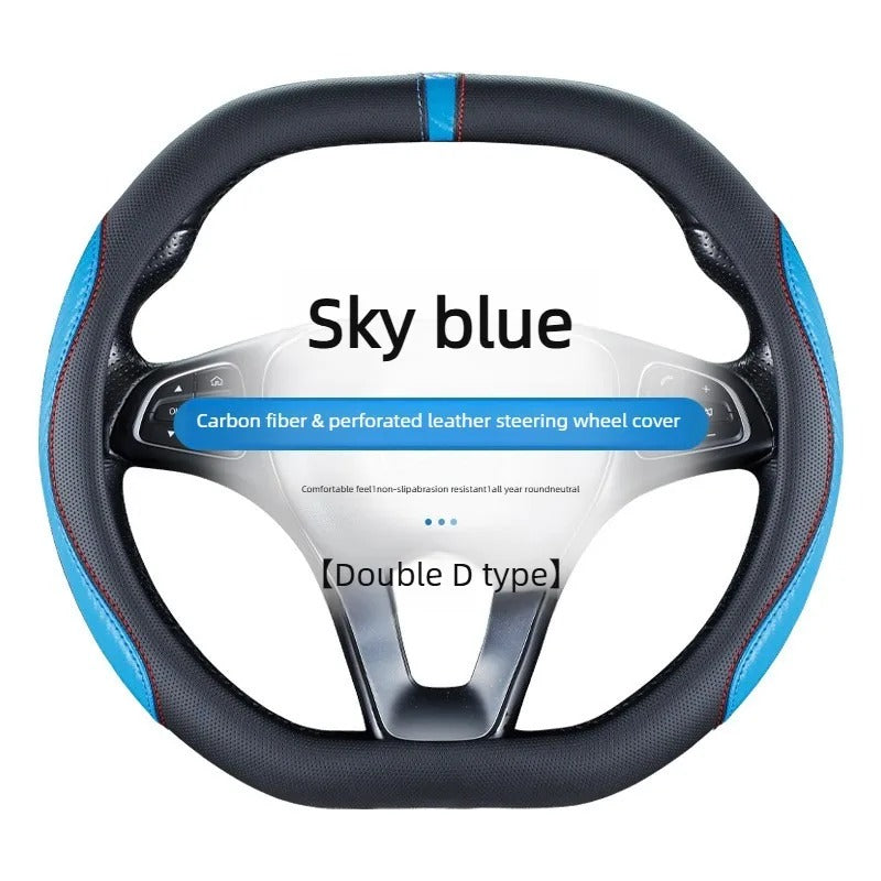 Carbon Fiber Microfiber Leather Steering Wheel Cover – Universal 37–38CM O/D Shape Non-Slip Grip - Delicate Leather
