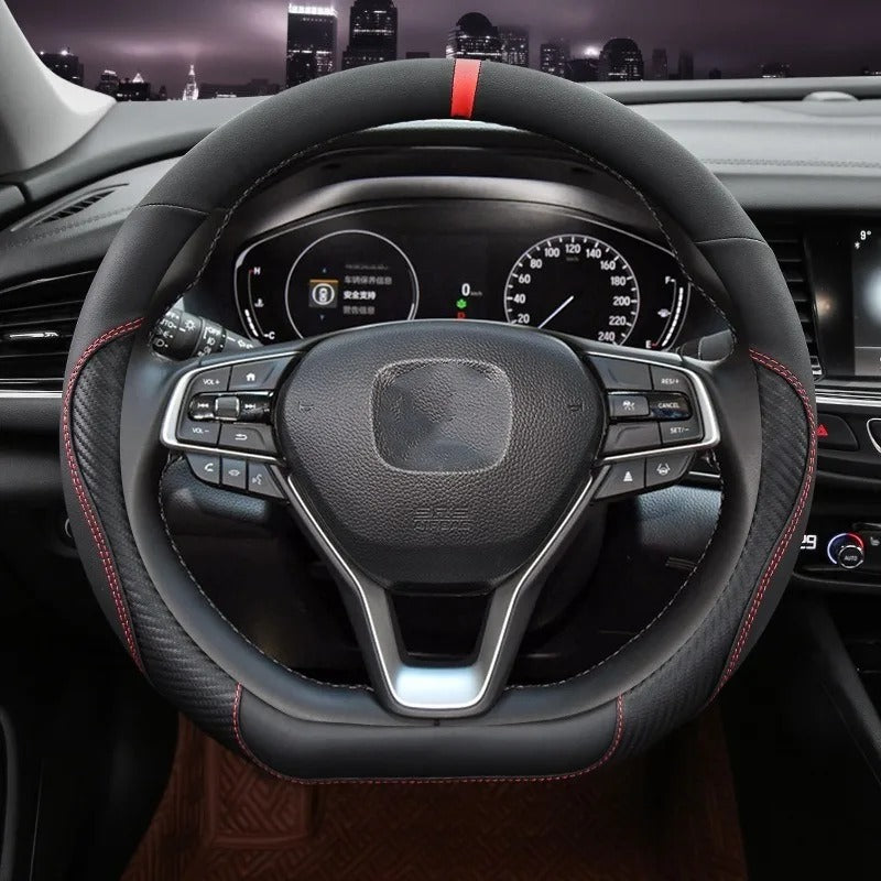Microfiber Leather & Carbon Fiber Steering Wheel Cover – Universal O/D Shape Anti-Slip Grip - Delicate Leather