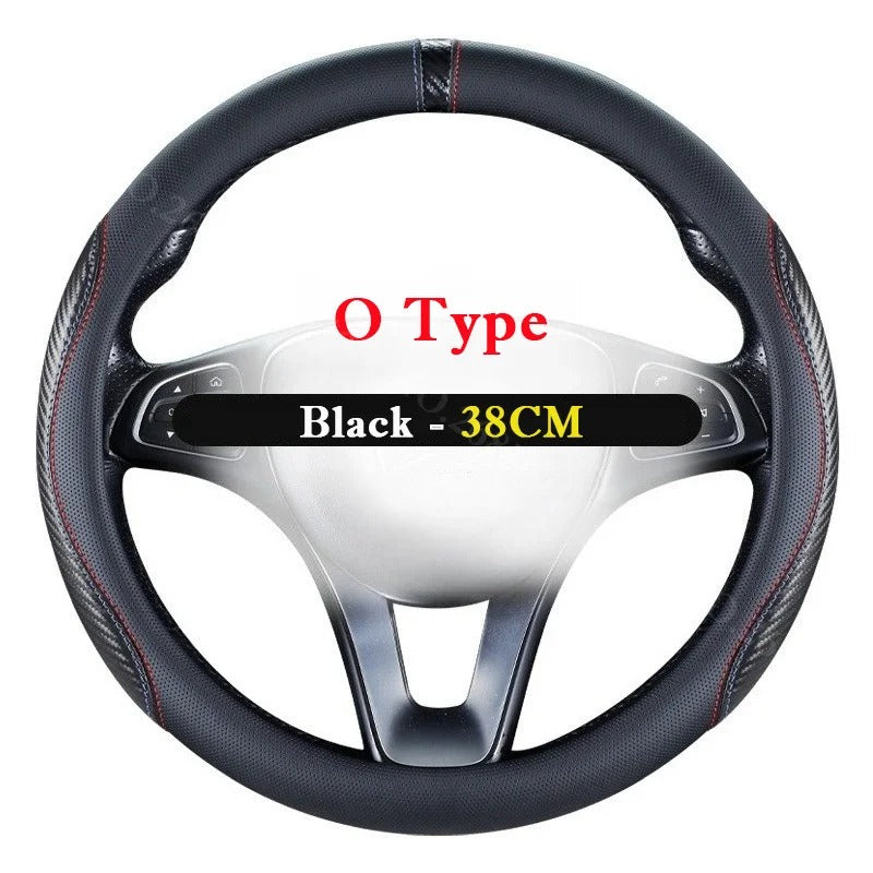 Carbon Fiber Style Steering Wheel Cover 36–38cm – Breathable Anti-Slip O/D-Shaped Grip - Delicate Leather