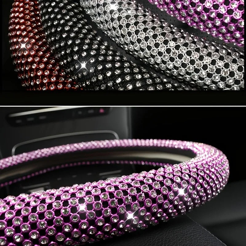 Rhinestone Car Steering Wheel Cover – O-Type Sparkly Diamond Non-Slip Grip - Delicate Leather