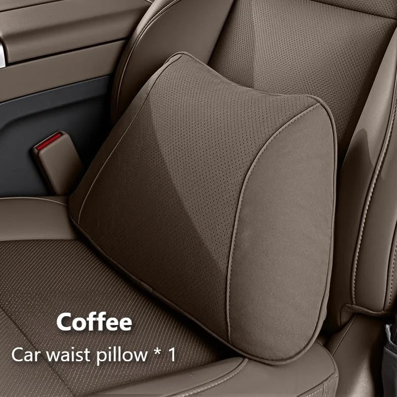 Premium Suede Car Neck & Lumbar Support Pillow Set – Universal Headrest and Waist Cushion for Cars, SUVs & Trucks - Delicate Leather
