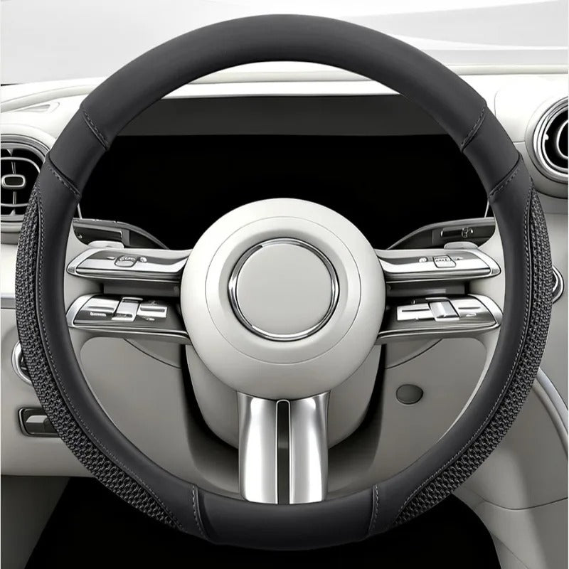 Ice Silk & Leather Steering Wheel Cover – Anti-Slip Universal All-Season Fit - Delicate Leather  
