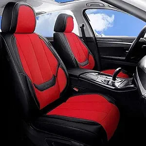 Seat Covers Full Set – Breathable Fabric & Leather, Waterproof, Universal Fit (Black/Red) - Delicate Leather  