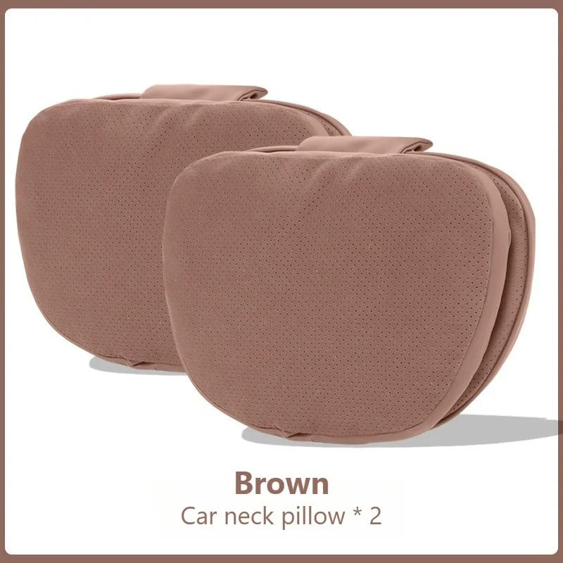 Soft Suede Car Neck & Lumbar Support Pillow Set – Memory Foam Headrest Waist Cushion with Double-Sided Design - Delicate Leather