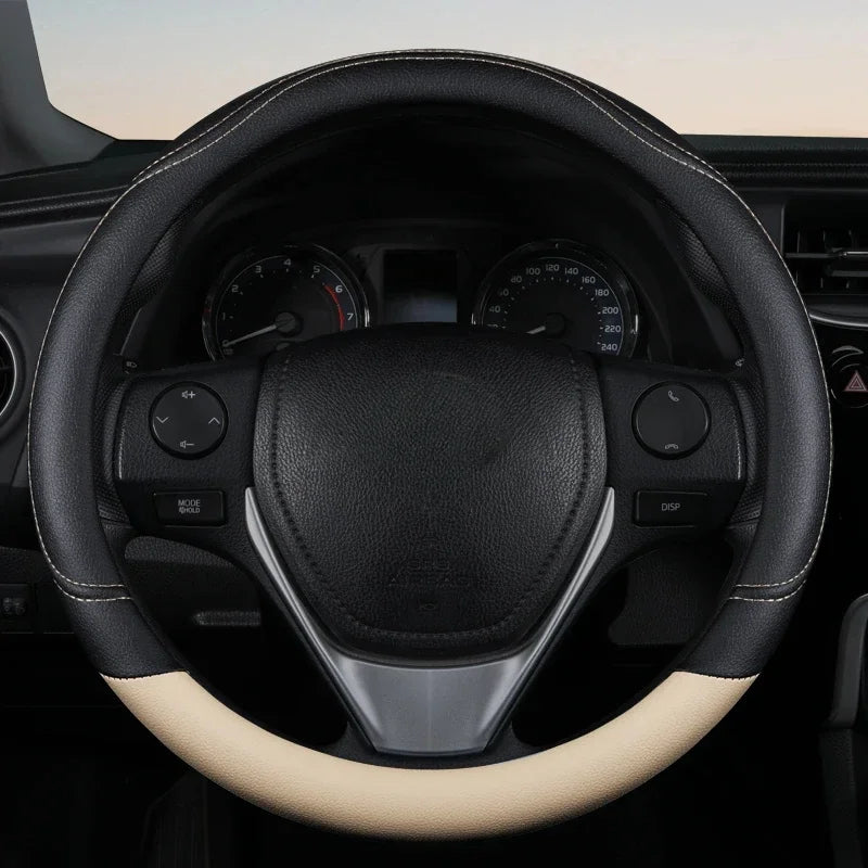 PU Leather Splicing Steering Wheel Cover – Anti-Slip, Wear-Resistant, Four-Season Universal Fit - Delicate Leather  