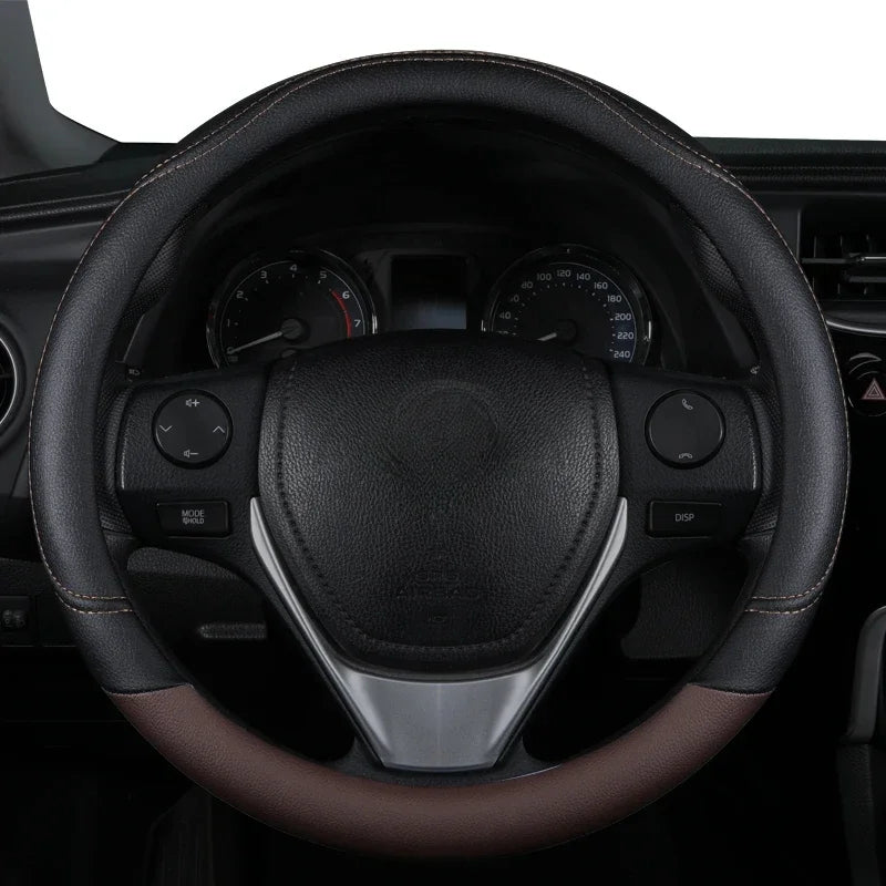 PU Leather Splicing Steering Wheel Cover – Anti-Slip, Wear-Resistant, Four-Season Universal Fit - Delicate Leather  