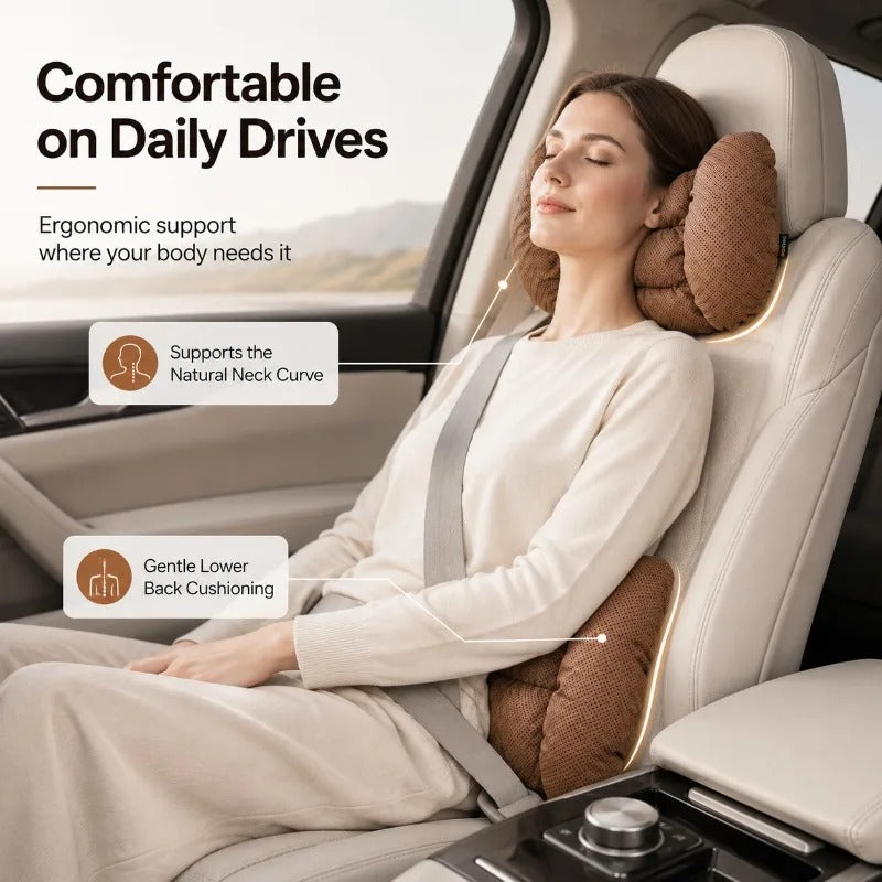 Universal Car Neck Pillow & Seat Cushion Set – Breathable Faux Leather Headrest and Backrest Cushions - Delicate Leather