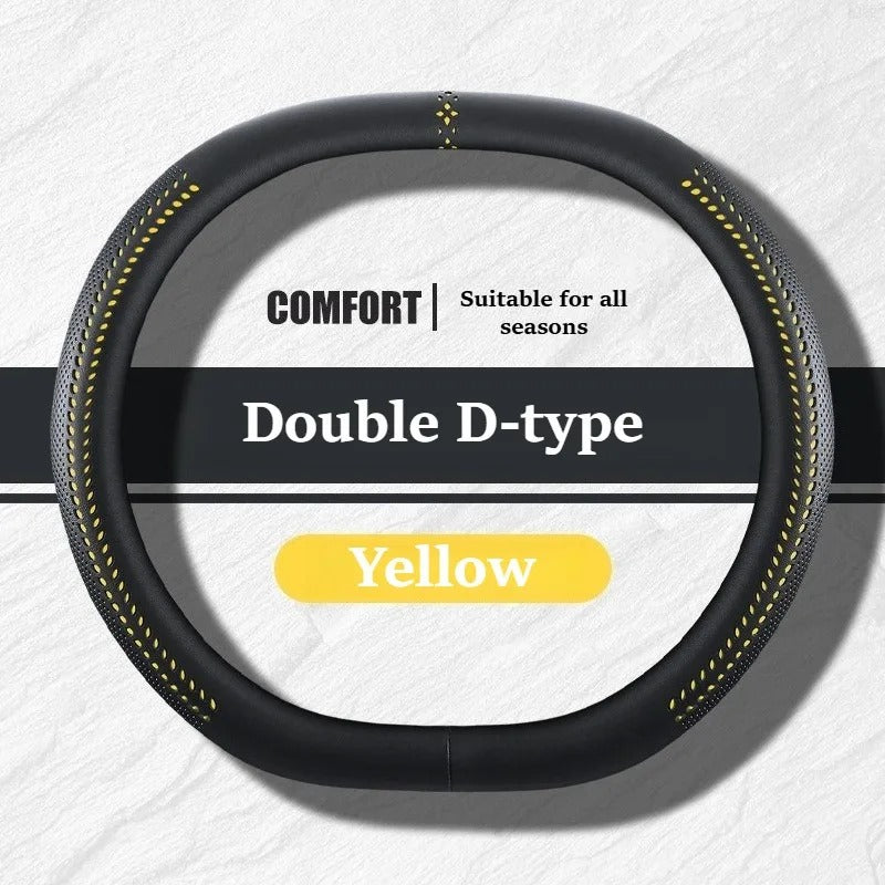 Universal Nappa Leather Steering Wheel Cover 38cm – O-Type, D-Type & Double D Non-Slip Car Steering Wheel Protector - Delicate Leather