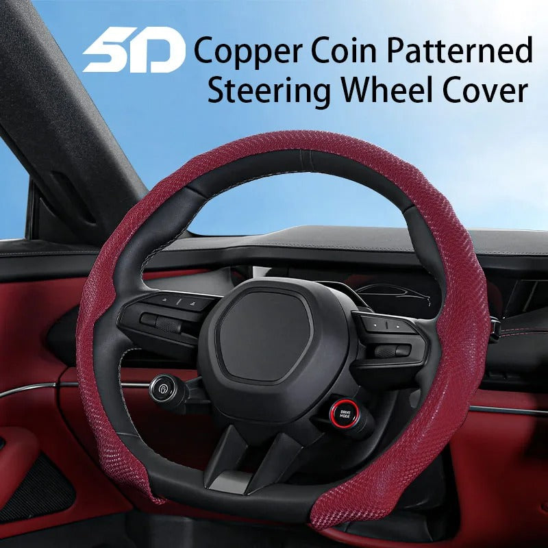 5D Copper Coin Pattern Steering Wheel Cover 38cm – Ultra-Thin Breathable Non-Slip Universal Car Steering Wheel Protector - Delicate Leather