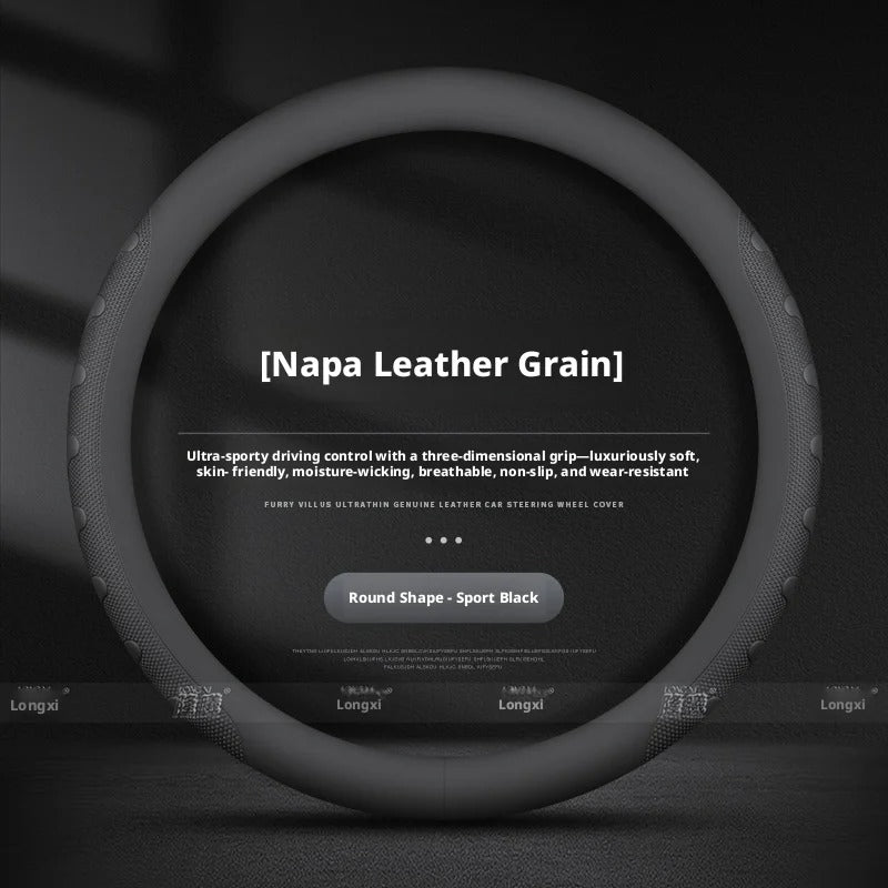 Nappa Leather Steering Wheel Cover – Universal Round & D-Shape Anti-Slip All-Season Grip - Delicate Leather  