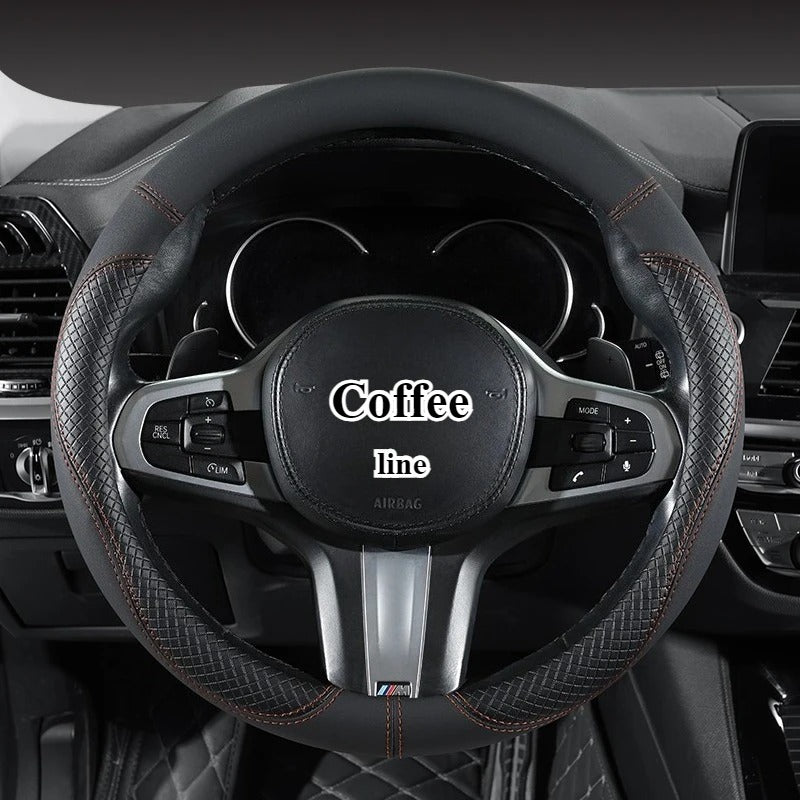Premium Leather Steering Wheel Cover – 3D Diamond Embossed Anti-Slip Universal 37–38cm Fit - Delicate Leather