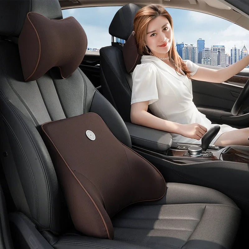 Memory Foam Car Neck & Lumbar Support Cushion – Soft Washable Seat Pillow Set - Delicate Leather