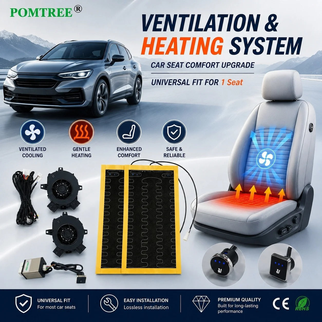 Universal 12V Car Seat Cooling & Heating Kit for 1 Seat – 2 Heating Pads, Ventilation Fans & 3-Level Switch - Delicate Leather
