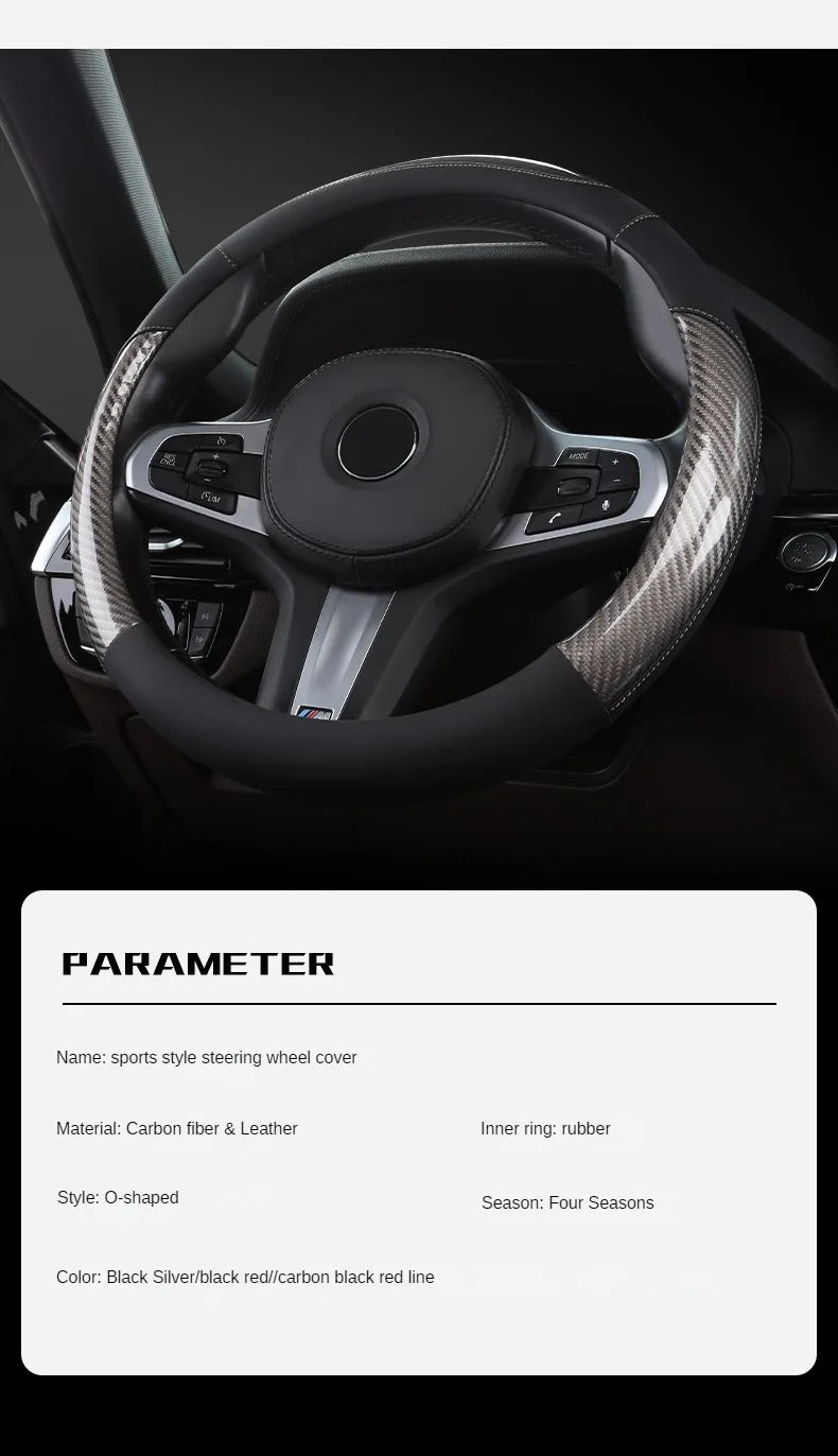 Carbon Fiber & Leather Steering Wheel Cover – Sports Style, O-Shape, Breathable & Non-Slip Rubber Inner Ring, Universal 37–38 cm Four-Season - Delicate Leather  