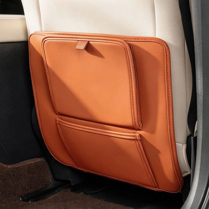PU Leather Car Seat Back Protector – Anti-Kick Mat with Dual Storage Pockets