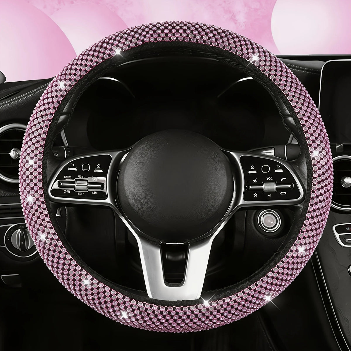 Rhinestone Car Steering Wheel Cover – O-Type Sparkly Diamond Non-Slip Grip - Delicate Leather