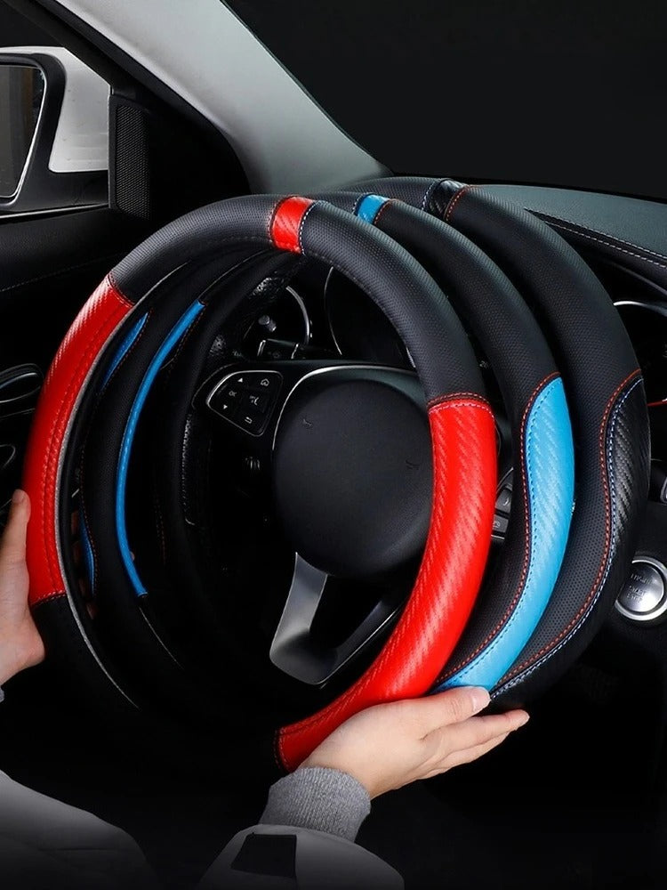Carbon Fiber Microfiber Leather Steering Wheel Cover – Universal 37–38CM O/D Shape Non-Slip Grip - Delicate Leather
