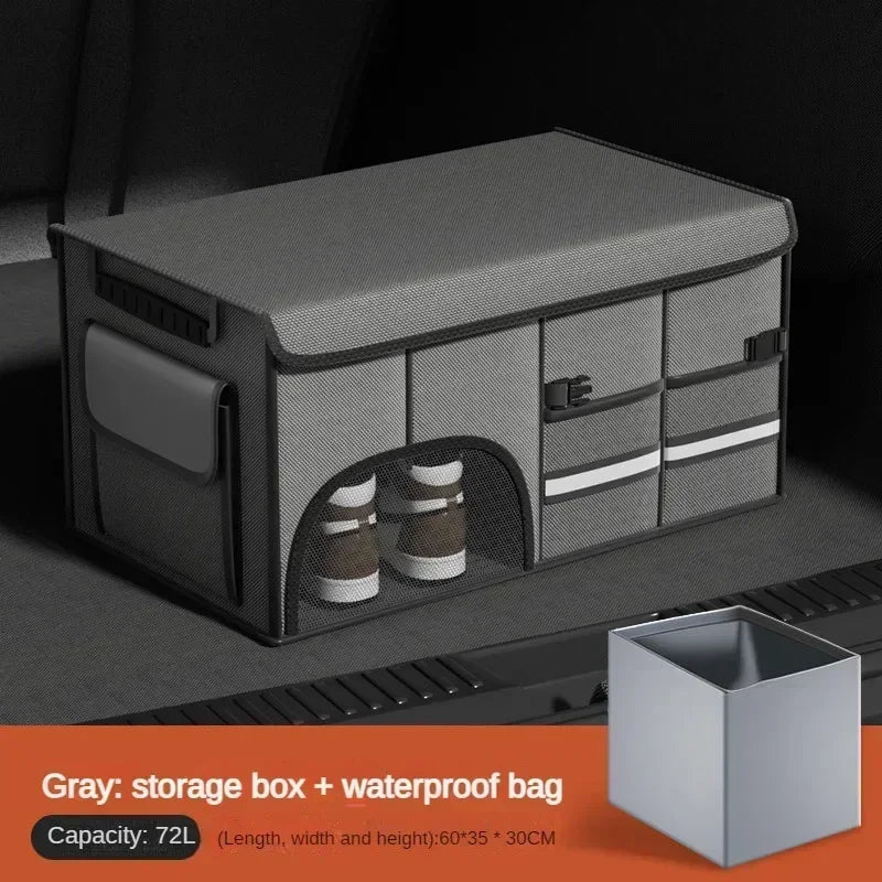 Foldable Car Trunk Storage Box – Multi-Compartment 72 L Organizer Bag with Anti-Slip Base, Waterproof Oxford Fabric Cargo Organizer - Delicate Leather  