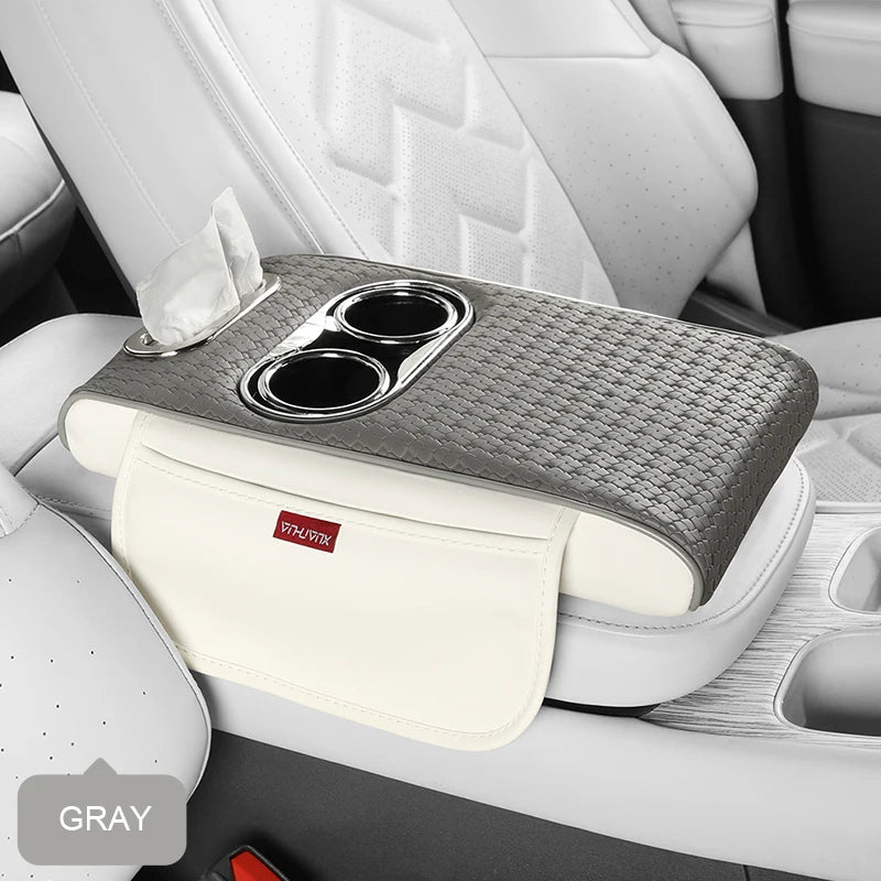 Weaving Leather Car Armrest Organizer – Center Console Cover with Cup Holders - Delicate Leather  