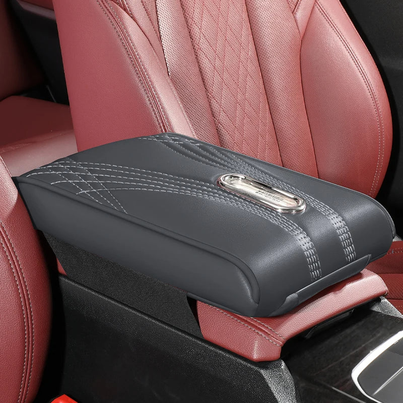 Multi-Functional Leather Car Armrest Pad, Memory Foam Heightening Cushion, Central Console Tissue Holder - Delicate Leather  