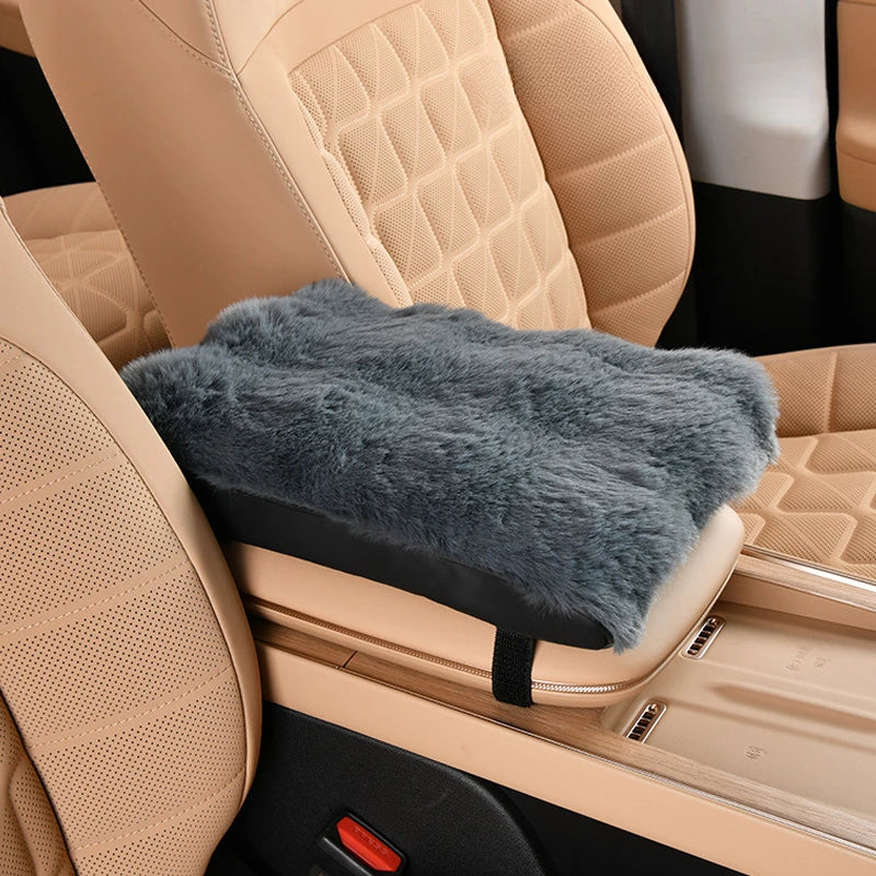 Plush Car Armrest Cushion with Tissue Box – Winter Fluffy Center Console Cover - Delicate Leather  