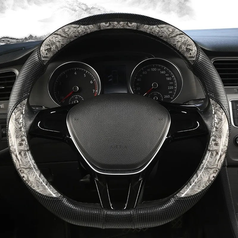 Wood Grain Leather Steering Wheel Cover – Universal 37–38CM Non-Slip O/D Shape Grip - Delicate Leather