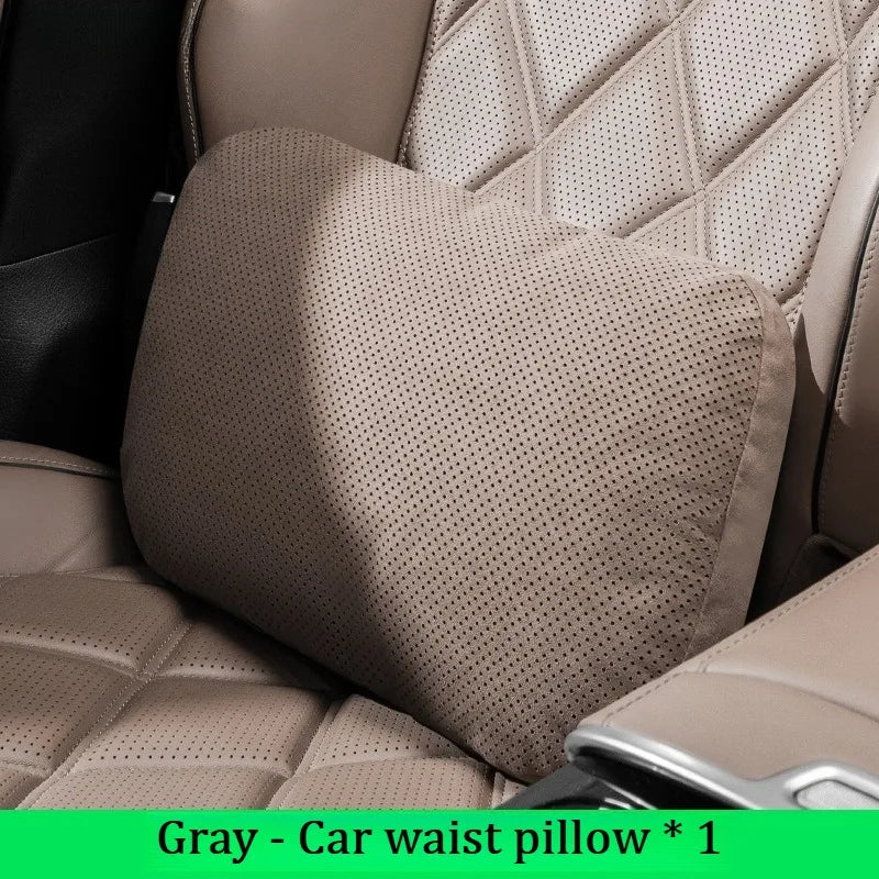 Suede Car Neck Pillow & Lumbar Cushion Set – Universal Fit Soft Headrest and Waist Support for Comfortable Driving - Delicate Leather  