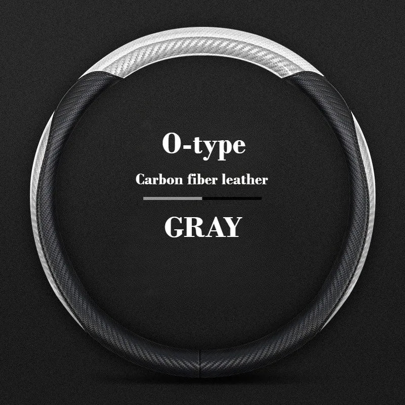 Universal Leather Steering Wheel Cover with Carbon Fiber Style – Non-Slip O/D Type, 14.5–15 Inch - Delicate Leather  