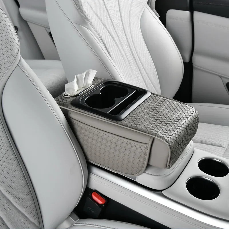 Car Armrest Cushion with Tissue Box & Cup Holder – Center Console Organizer Pad - Delicate Leather  