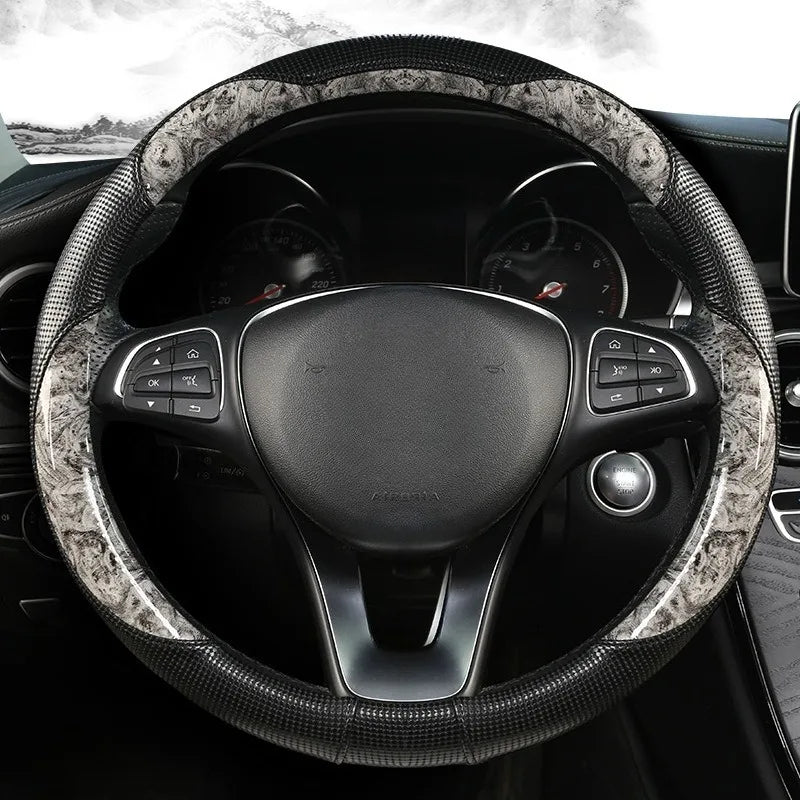 Wood Grain Leather Steering Wheel Cover – Universal 37–38CM Non-Slip O/D Shape Grip - Delicate Leather