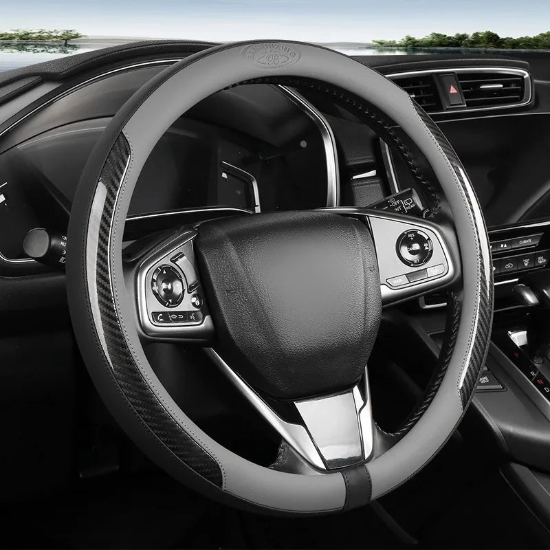 Carbon Fiber Leather Car Steering Wheel Cover – 38CM Universal Fit, Non-Slip Nappa Leather Grip, Breathable & Durable Interior Accessory - Delicate Leather  