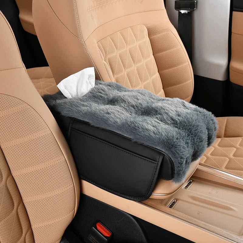 Plush Car Armrest Cushion with Tissue Box – Winter Fluffy Center Console Cover - Delicate Leather  