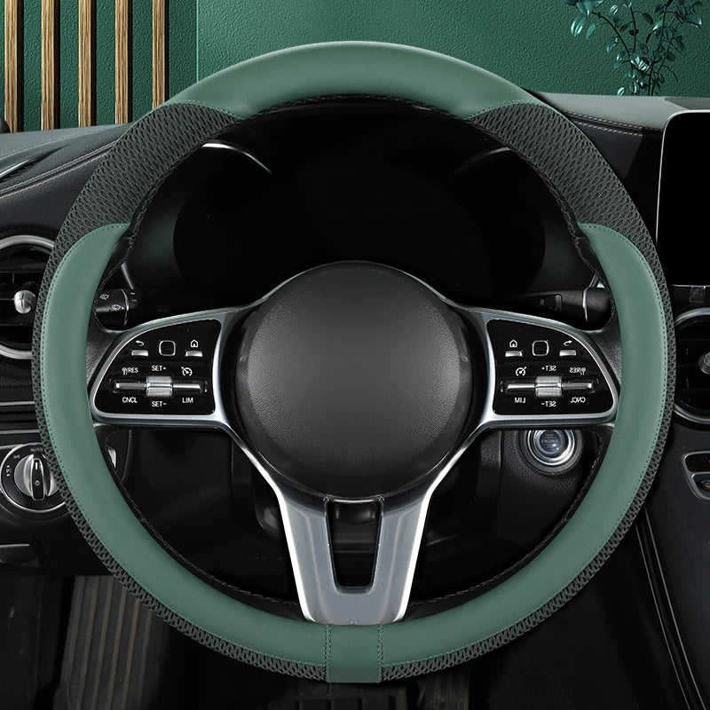 Premium Leather Car Steering Wheel Cover – Breathable Mesh, Universal Fit 14.5–15 Inch - Delicate Leather  