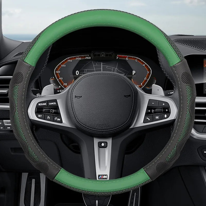 Universal Ice Silk Leather Steering Wheel Cover – 38cm Breathable Non-Slip Car Handle Cover, Four-Season Comfort Grip - Delicate Leather  