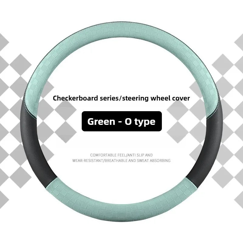 Microfiber Leather Steering Wheel Cover – 15-Inch Universal Fit, Anti-Slip Rubber Grip, Checkered Flag Design, All-Season Comfort - Delicate Leather  