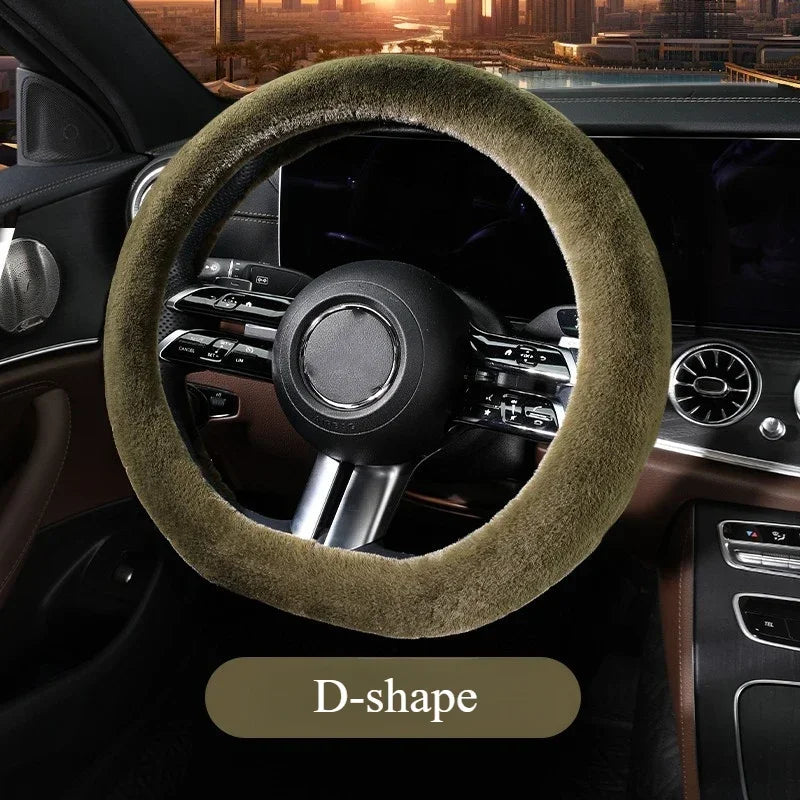 Universal Winter Plush Steering Wheel Cover – Warm Fashionable Car Accessory, Soft Anti-Slip Interior Cover - Delicate Leather  