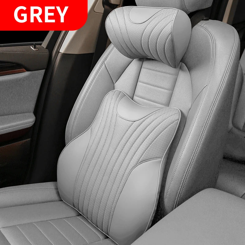 Universal Genuine Leather Neck Pillow & Lumbar Support – Anti-Slip Car Headrest Cushion for All-Season Comfort - Delicate Leather  