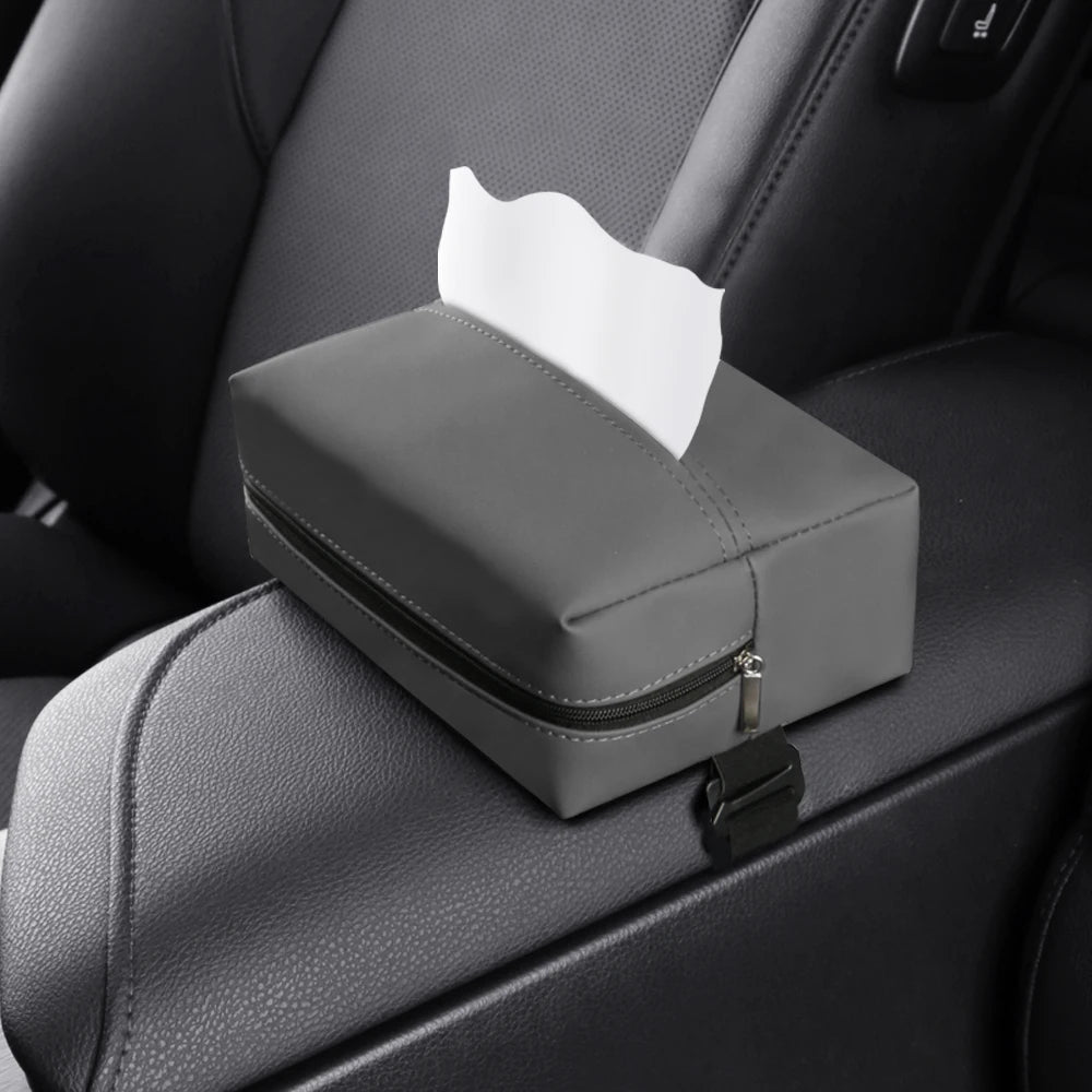 Car Tissue Holder – PU Leather Sun Visor Tissue Box for Center Armrest and Seat Back, Universal Fit - Delicate Leather  