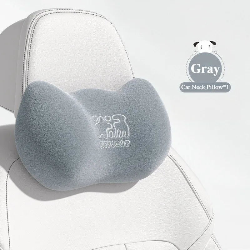 Plush Car Neck Pillow and Waist Pillow Set - Cute Pink Auto Headrest and Lumbar Support - Kawaii Car Seat Pillow for Comfort and Relaxation - Delicate Leather  