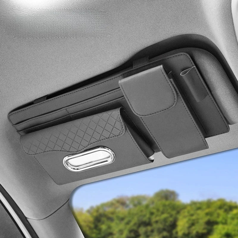 Suede Car Sun Visor Organizer – Glasses Case, Tissue Holder & Multi-Pocket Storage - Delicate Leather  