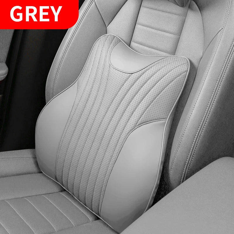 Universal Genuine Leather Neck Pillow & Lumbar Support – Anti-Slip Car Headrest Cushion for All-Season Comfort - Delicate Leather  