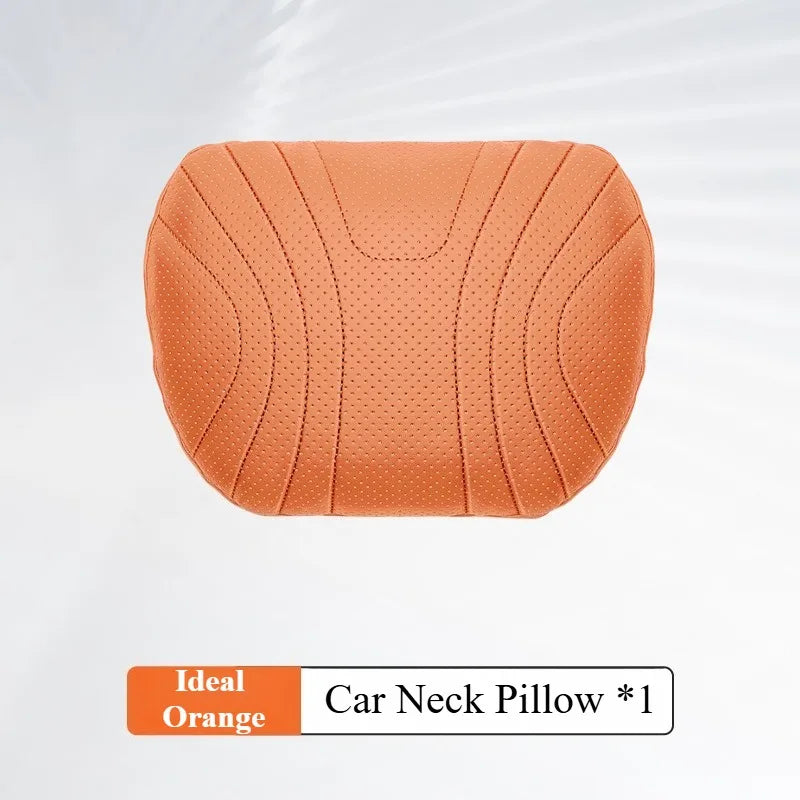 Soft Nappa Leather Car Neck & Lumbar Pillow Set – Ergonomic Headrest and Waist Support - Delicate Leather  