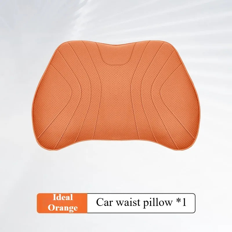 Soft Nappa Leather Car Neck & Lumbar Pillow Set – Ergonomic Headrest and Waist Support - Delicate Leather  