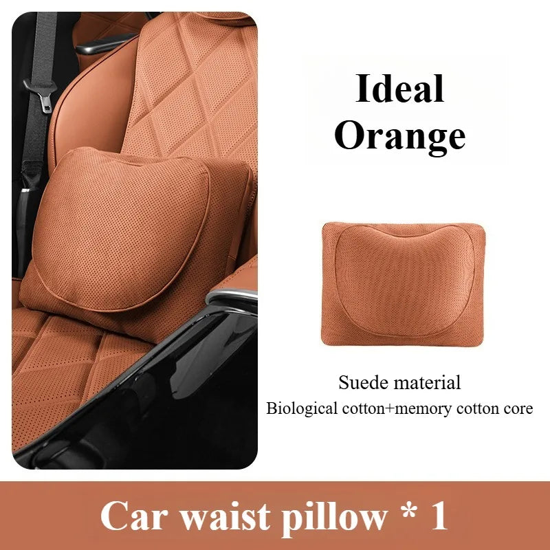 Suede Car Neck and Lumbar Support Set – Universal Ergonomic Headrest & Waist Pillow for Auto Seats - Delicate Leather  