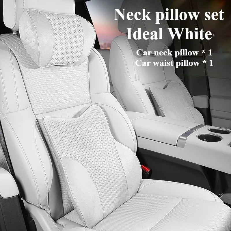 Memory Foam Car Headrest & Waist Pillow - Suede Leather Lumbar Support Seat Accessories - Neck Pillows & Back Cushion - Delicate Leather  