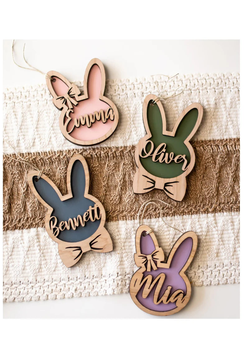 Personalized Easter Basket Tag – Custom Easter Bunny Name Tag, Wood Laser Cut Easter Basket Decoration