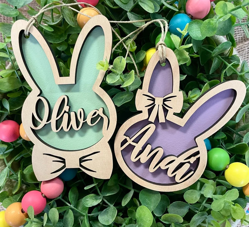 Personalized Easter Basket Tag – Custom Easter Bunny Name Tag, Wood Laser Cut Easter Basket Decoration