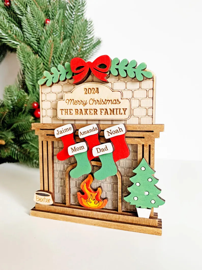 Family Christmas Fireplace Ornament – Personalized Stockings with 1-12 Names, Pet & Family Stocking Decoration