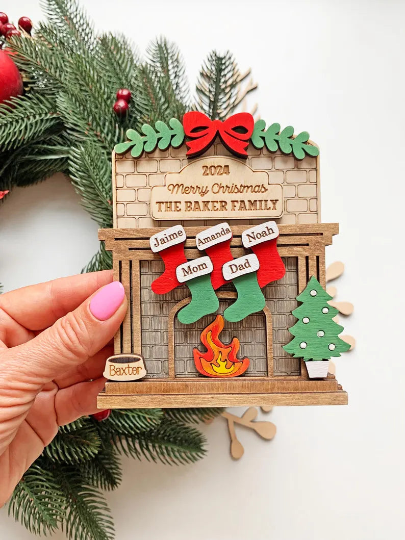 Family Christmas Fireplace Ornament – Personalized Stockings with 1-12 Names, Pet & Family Stocking Decoration